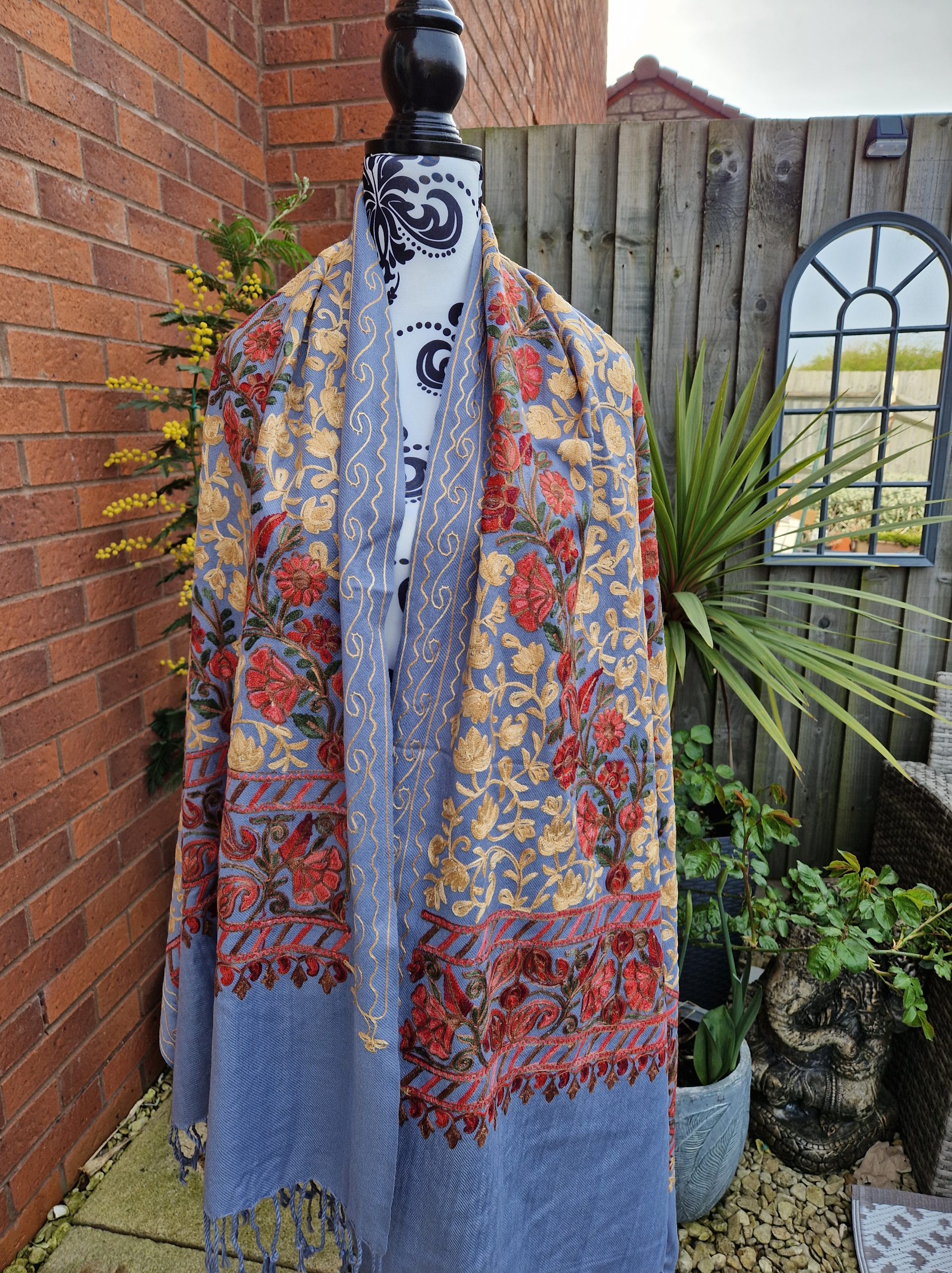 Grey Blue Flowery Shawl
