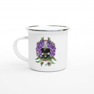 Bumblebee & Foxglove White 12oz Enamel Gardner Mug | Cottagecore Nature Cup | Botanical woodland theme