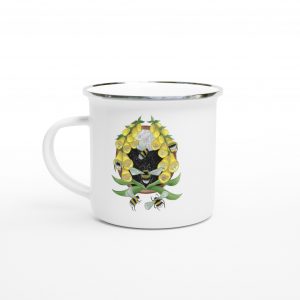 Bumblebee & Foxglove White 12oz Enamel Gardner Mug | Cottagecore Nature Cup | Botanical woodland theme